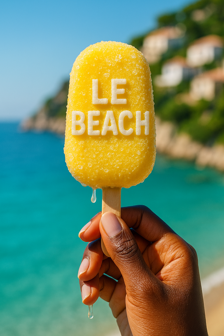 LE BEACH natural and clean beauty products arranged on sun-lit sand beside a palm leaf, illustrating eco-friendly skincare.